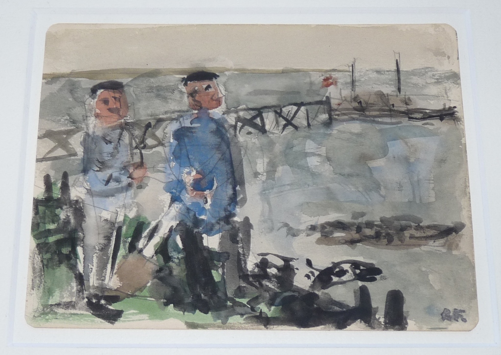 Kees Franse, Aquarel, 2 figuren bij water/haven? kopen? Bied vanaf 80!