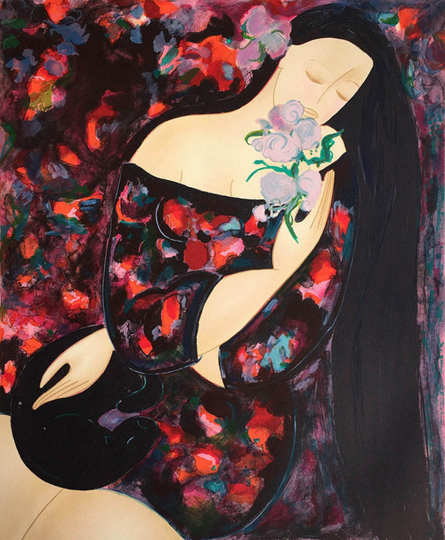 Linda le Kinff -Femme à la l’orichidee bleue- Lithografie. Handgesigneerd.  2006 verkocht voor € 75!