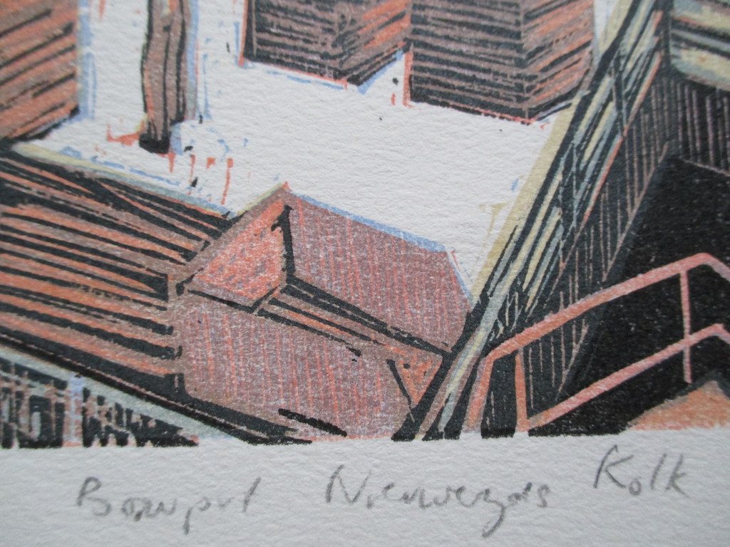 Wendelien Schönfeld, kleurenhoutsnede, Bouwput Nieuwezijdskolk 1993 kopen? Bied vanaf 100!