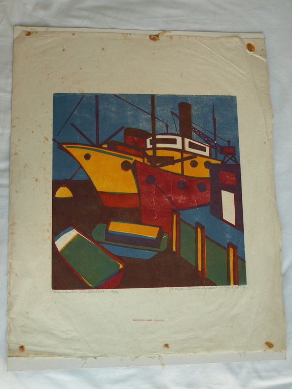 Herman Stammeshaus :  Houtsnede – Handelskade Amsterdam - 1959 kopen? Bied vanaf 1!