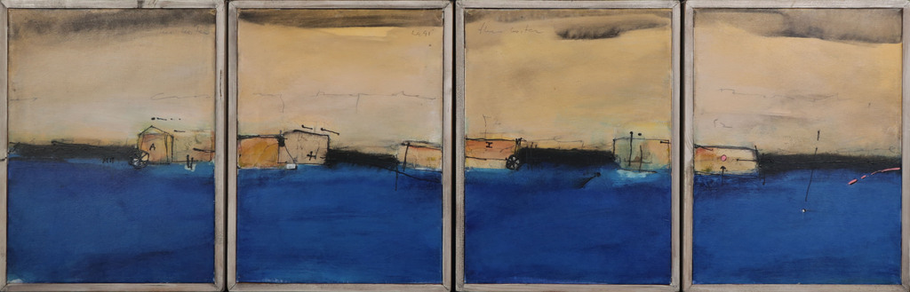 Theo Koster: 4x Gemengde techniek op doek, Vierluik - Ingelijst verkocht voor € 200!