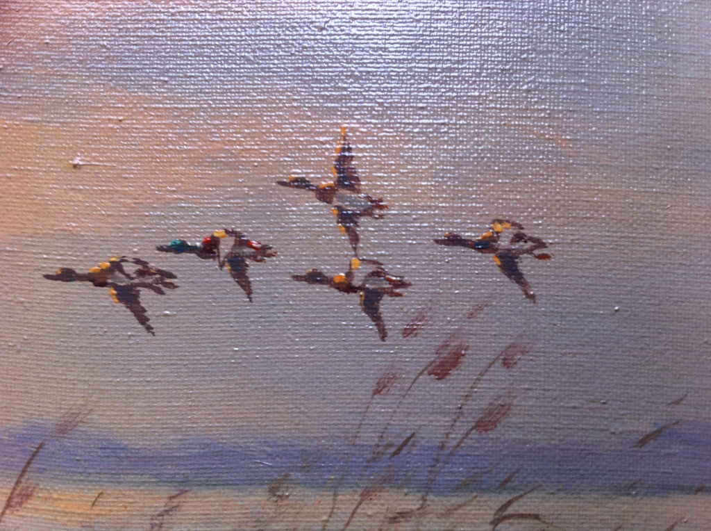 Toegeschreven aan Herman J. Wijngaard, Olieverf op doek, Eenden boven een plas  verkocht voor € 90!