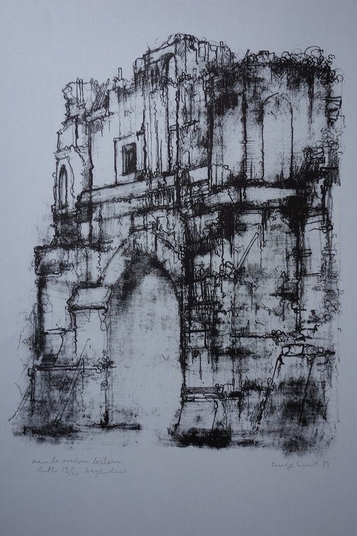 Dirkje Kuik, prachtige litho van de Domtoren op grijs/blauw papier 1983. kopen? Bied vanaf 50!