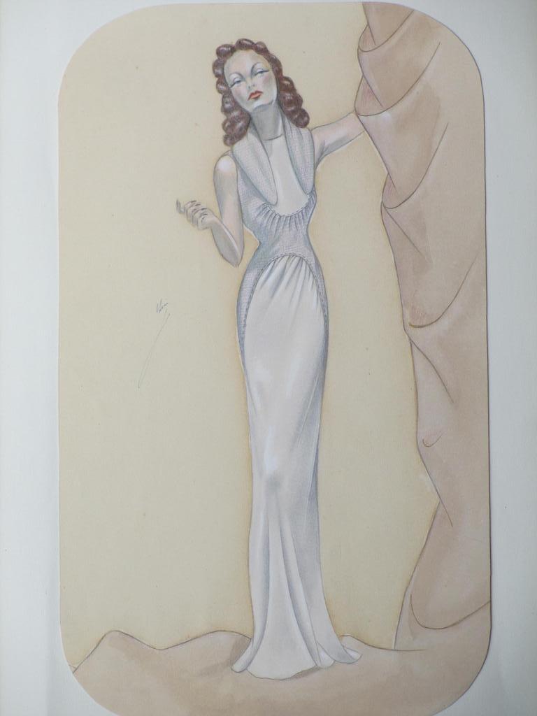 Leni Linthout, Model met krullend haar in witte jurk, Kleurtekening kopen? Bied vanaf 40!