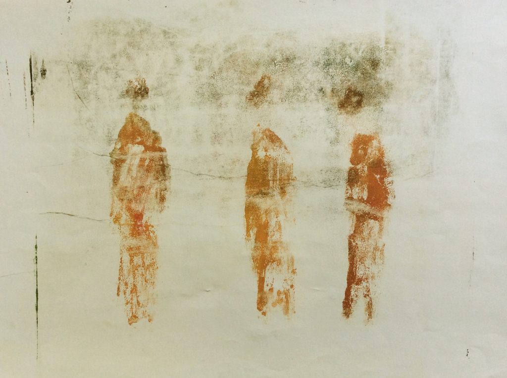 Irene Joffroy - Drie etherische figuren - olieverf op papier, gelijst verkocht voor € 40!