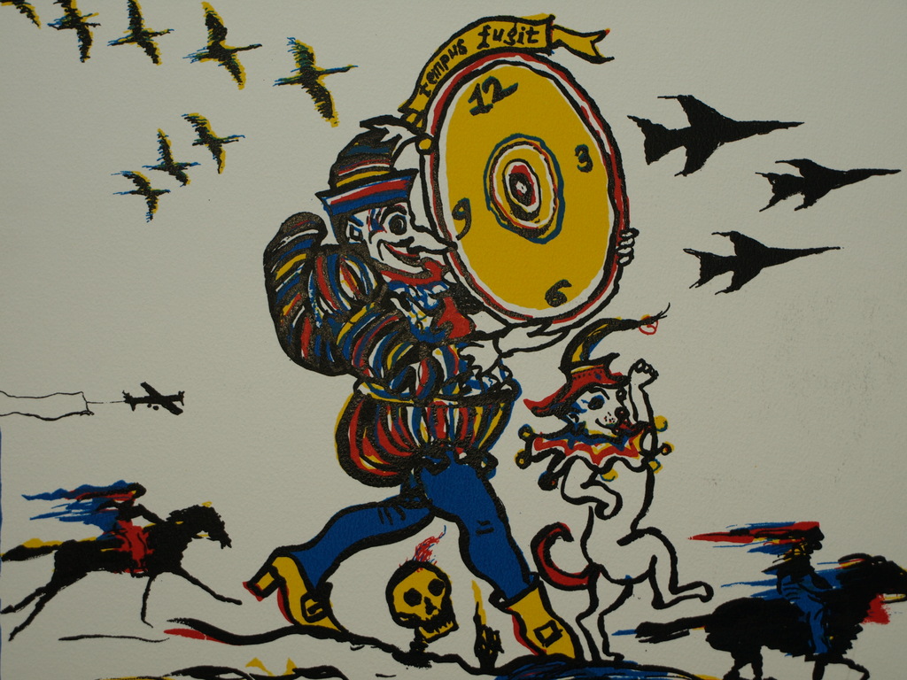 Aat Veldhoen (1934) – Zeefdruk op karton – Tempus Fugit – De tijd vliegt  verkocht voor € 40!