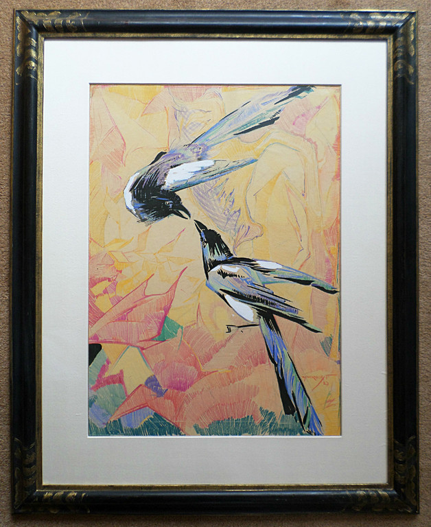 Gemengde techniek, Blauwe eksters van Andre Verhorst uit 1919. Zeer mooie lijst. verkocht voor € 480!