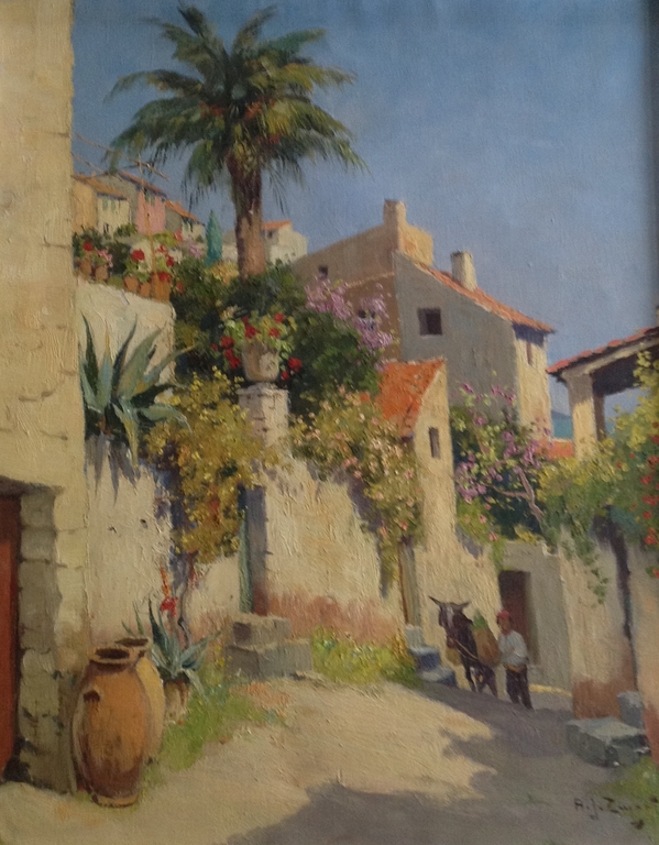 A.J. Zwart, Zonnig straatje, olie op doek 60x50cm kopen? Bied vanaf 300!