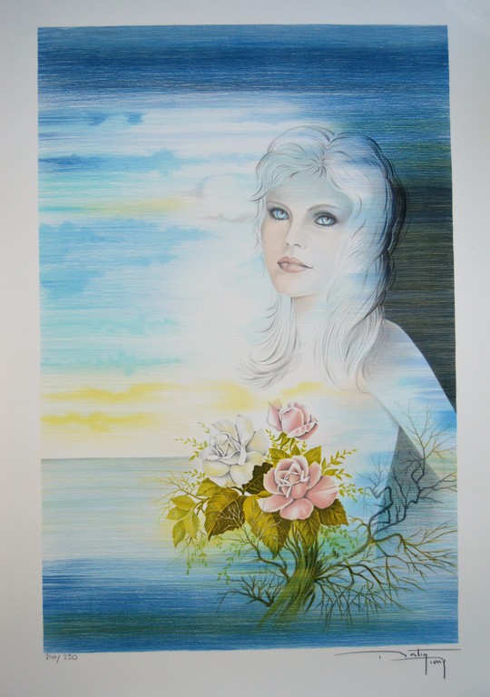 Pierre Bertin: 'Les Roses', grote kleurenlithografie, handgesigneerd kopen? Bied vanaf 1!