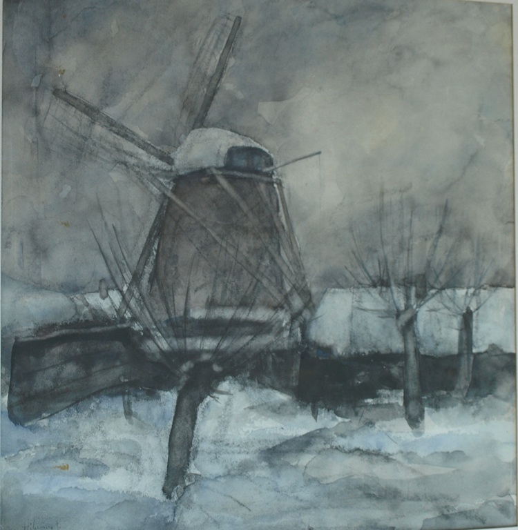Onduidelijke signatuur : Gemengde techniek , Molen – ingelijst– 1956 kopen? Bied vanaf 1!