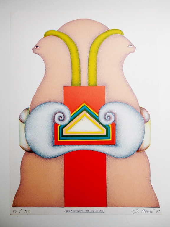 Jörg Remé - zeefdruk uit 1971 - Doppelfigur mit Schnecke - gesigneerd kopen? Bied vanaf 1!