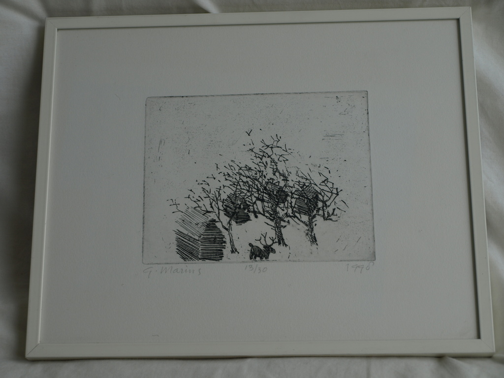 Geert Maring : Ets , Landschap met rendier – Gesigneerd & ingelijst – 1998 kopen? Bied vanaf 1!
