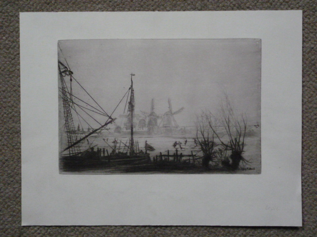 Ludovic Napoléon Lepic (Vicomte) - ets - Schaatsers op rivier bij molens. kopen? Bied vanaf 35!