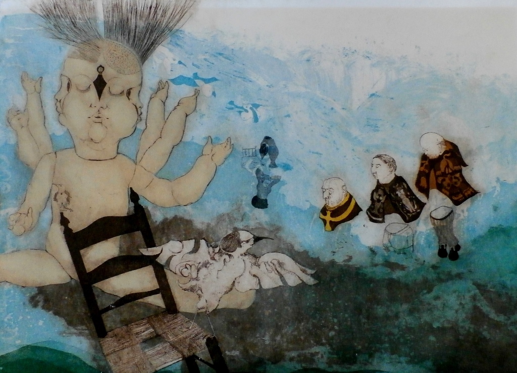 Michel van Overbeeke - grote ets: ontmoeting in de ruimte 1 - 1975 - handgesign. verkocht voor € 100!