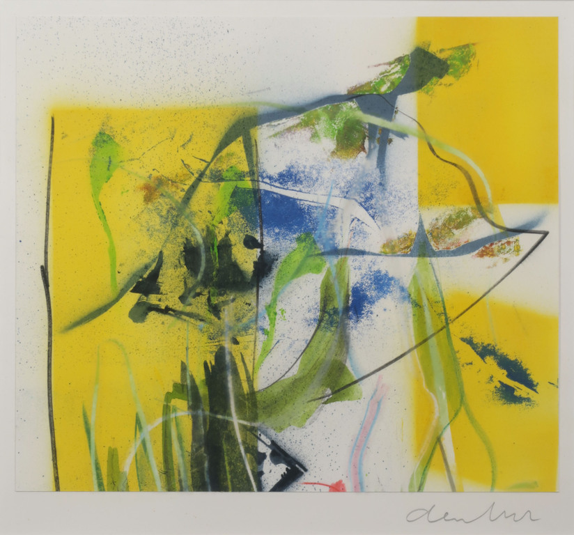 Wiegen den Uyl: Gemengde techniek, Abstracte compositie in geel - Ingelijst verkocht voor € 35!