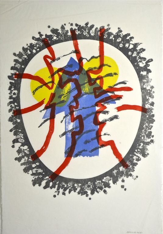 Jef Diederen: Houtdruk. Abstracte compositie met pijl verkocht voor € 70!