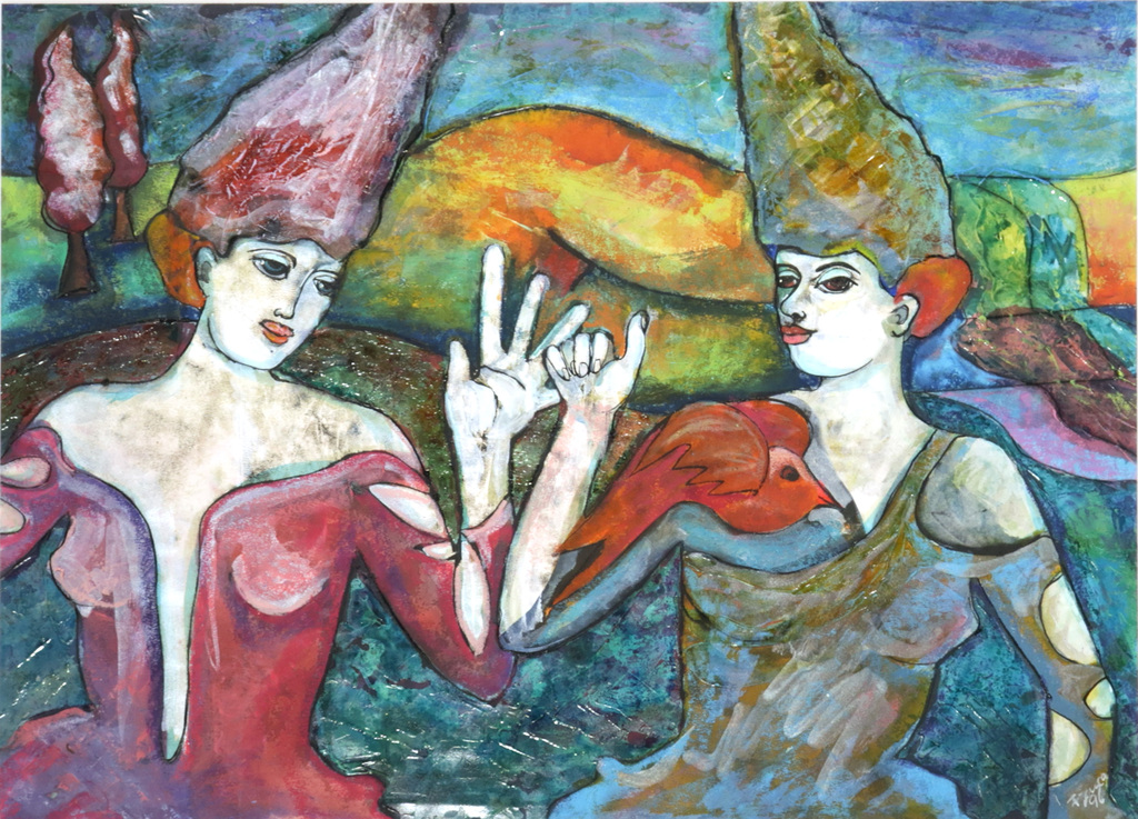 Franca Muller Jabusch: Gemengde technieken op papier, Twee vrouwen  verkocht voor € 100!