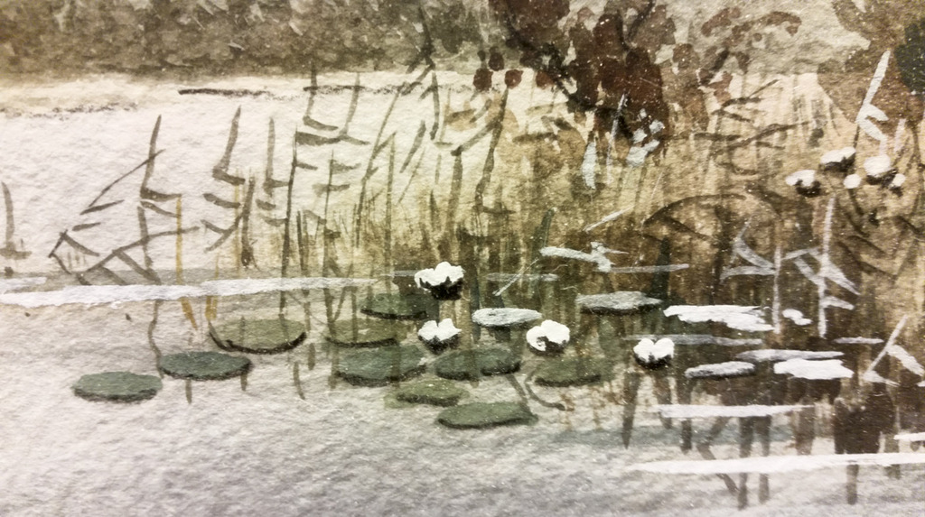 Piet Zonneveld, aquarel, meer met naaldbomen en waterlelies kopen? Bied vanaf 30!