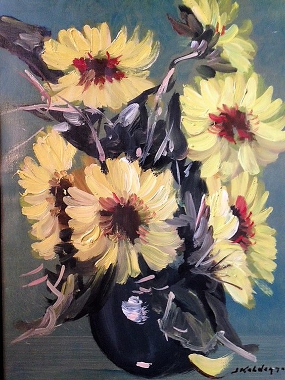 Jan Kelderman - Jan Kelderman (1914-1990), olieverf op doek, Zonnebloemen op een vaas kopen? Bied vanaf 50!