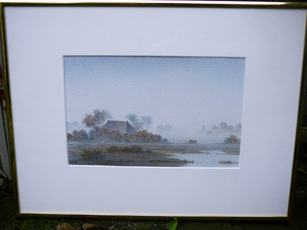 Denkor: Hoeve in rivierenlandschap -aquarel- kopen? Bied vanaf 40!