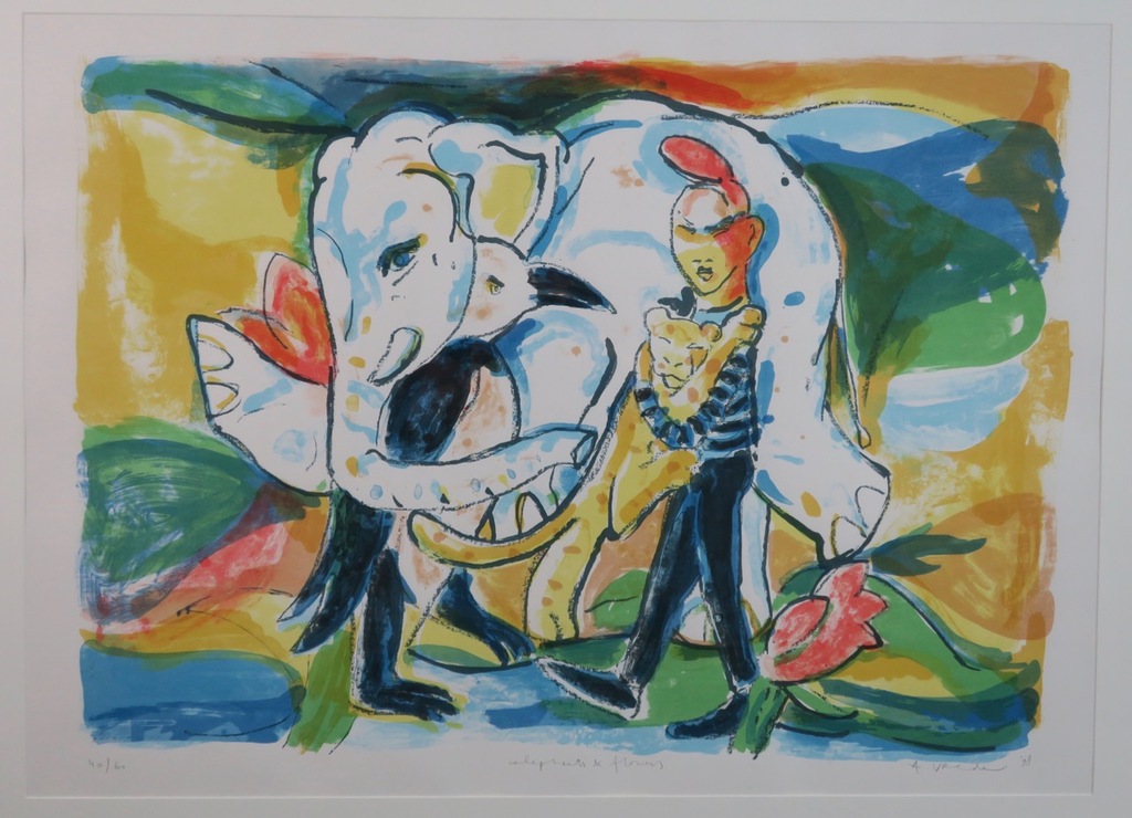 Anton Vrede: Litho, Elephants and flowers - Ingelijst (Groot!) kopen? Bied vanaf 60!