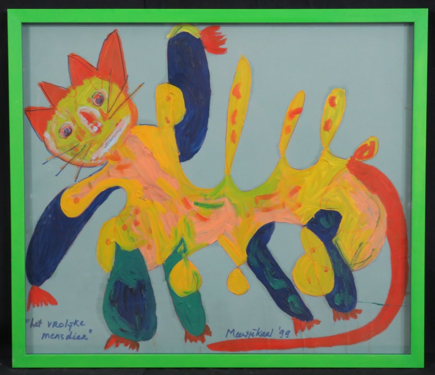 Meertje Kaal: Olieverf op karton, Het vrolijke mensdier - Ingelijst kopen? Bied vanaf 1!