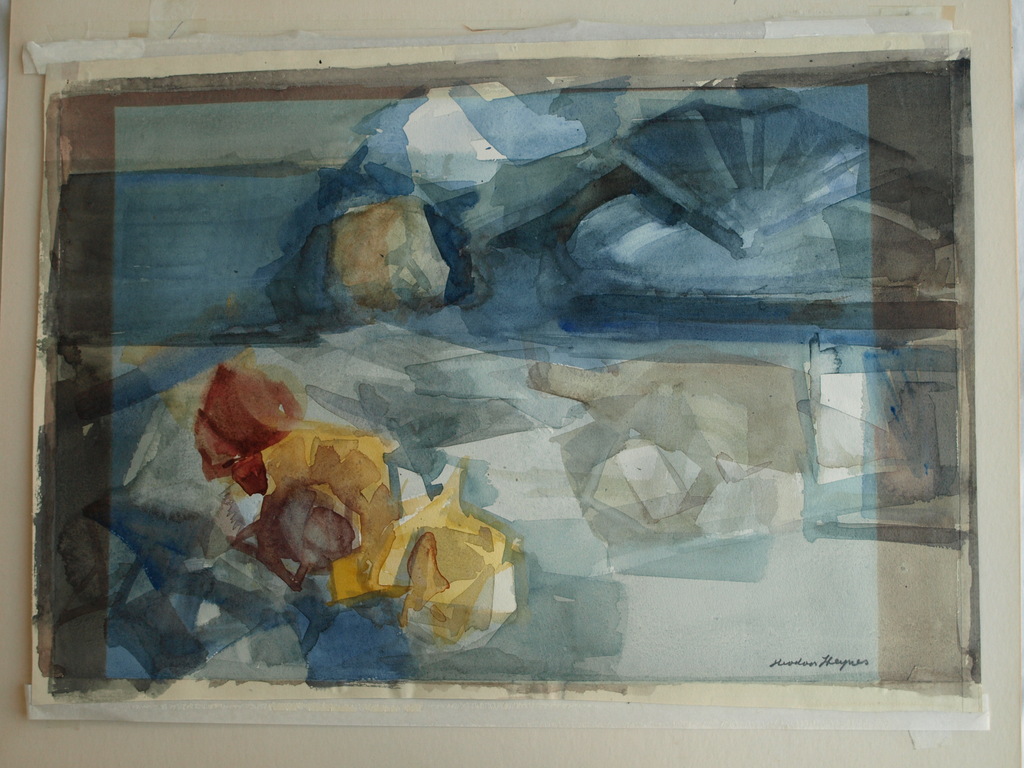 Theodoor Heynes : Aquarel , Stilleven met bord, servet, wijnfles en fruit - 1965 kopen? Bied vanaf 1!