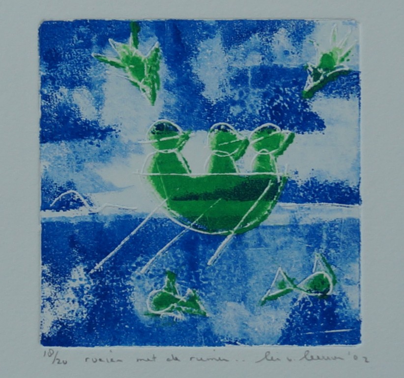 Lia van Leeuwen - twee gesigneerde etsen - roeien met de riemen -  wind mee kopen? Bied vanaf 1!