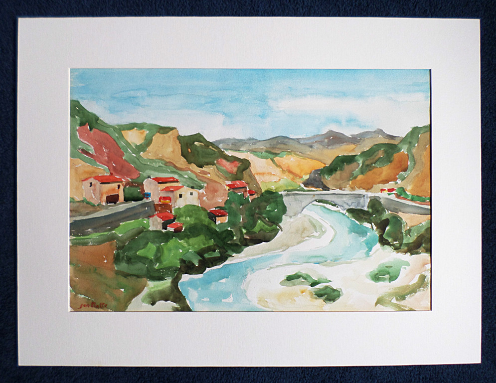 Jan Nolte – Mediterraans dorp bij rivier, aquarel kopen? Bied vanaf 65!