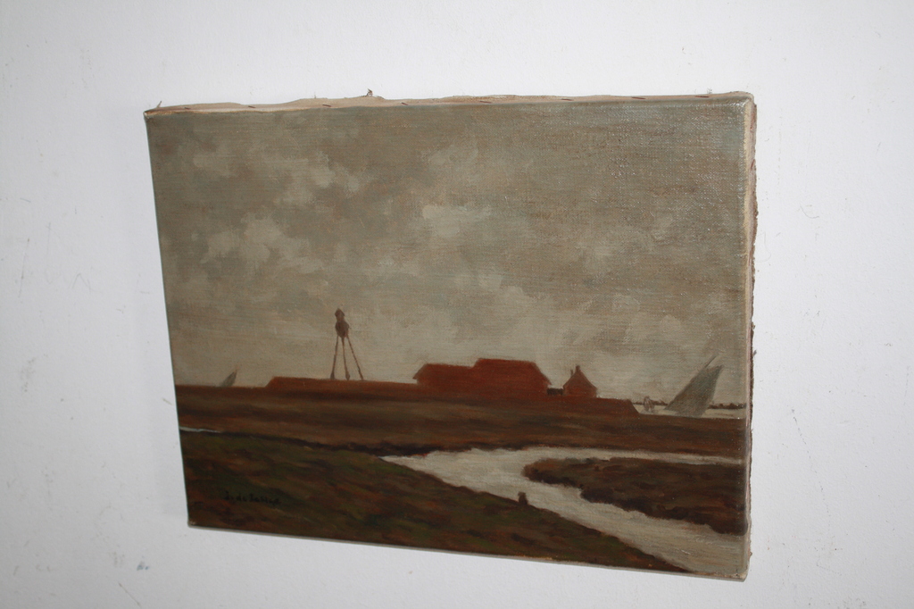 NAIEF LANDSCHAP met RODE HUIZEN en ZEILBOTEN van J de JONGE kopen? Bied vanaf 1!