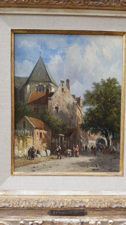 Adrianus Eversen (Amsterdam 1818 - Delft 1897) Zomers stadsgezicht. kopen? Bied vanaf 7550!