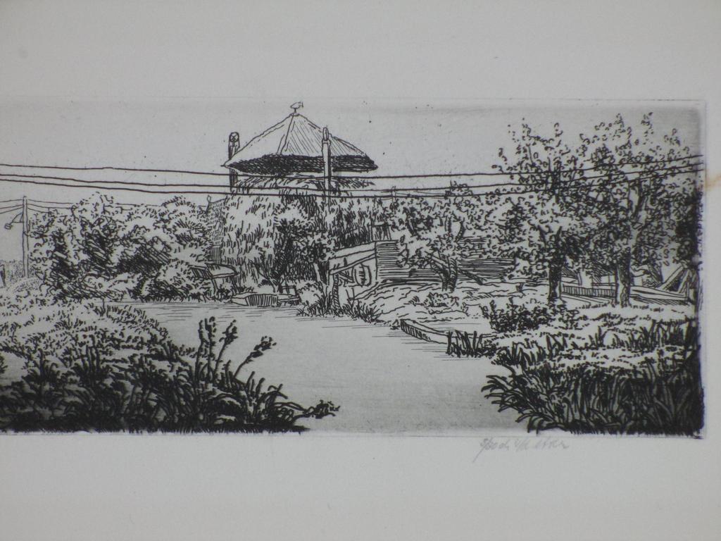 Gerard van Rooy, Landschap met hooiberg bij vaart, Ets 1972 verkocht voor € 35!