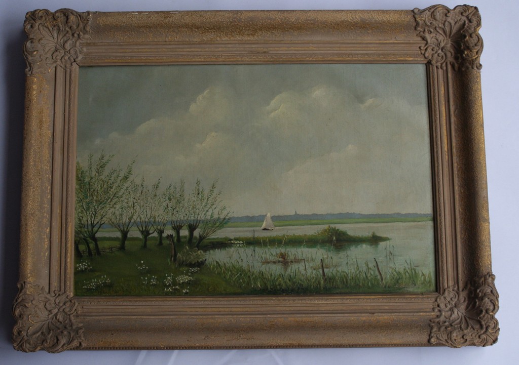 Verlaagd! Onb. kunst - Olieverf op doek - 1e helft 20e eeuw - zeilbootje op meer kopen? Bied vanaf 55!