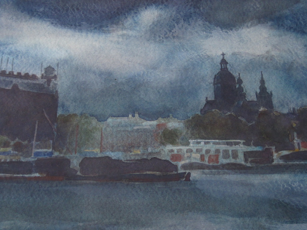 Mario Kriek 1906-1977 aquarel, Amsterdam bij nacht verkocht voor € 40!