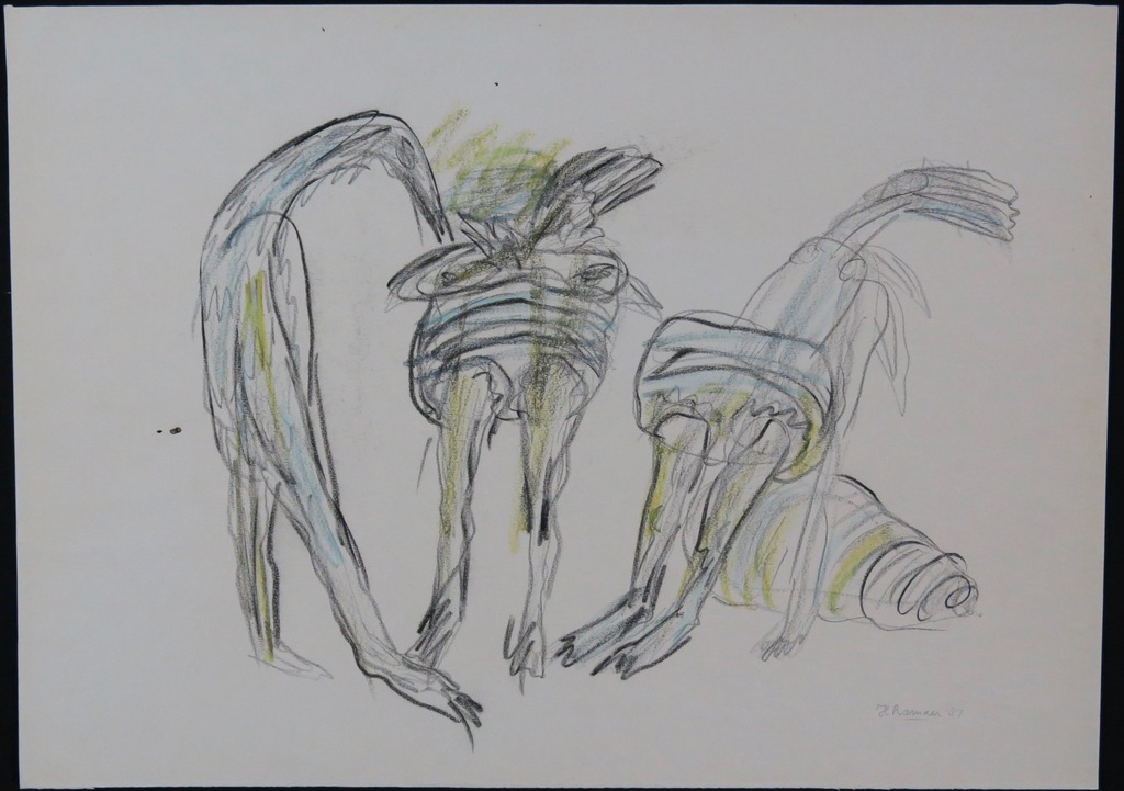 Hanny Ramaer: Potloodtekening, Twee vrouwen met vogel kopen? Bied vanaf 1!