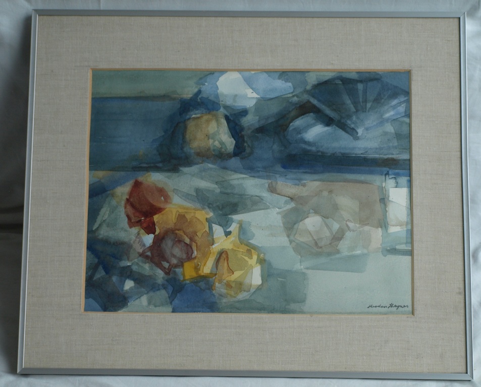 Theodoor Heynes : Aquarel , Stilleven met bord, servet, wijnfles en fruit - 1965 kopen? Bied vanaf 125!