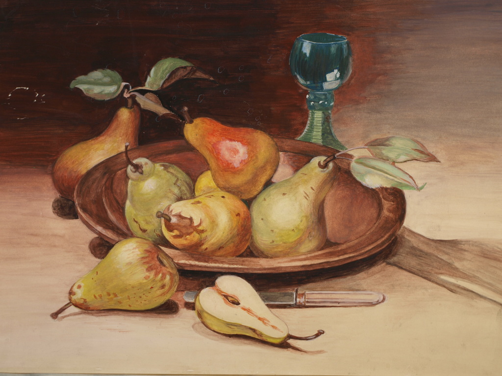 Onbekende kunstenaar – Gouache - Stilleven – Fruitschaal met peren + roemer  kopen? Bied vanaf 1!