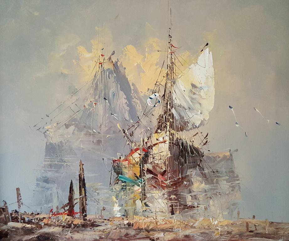 Cunningham (20e eeuw), Schip, olieverf op doek, gesigneerd verkocht voor € 100!