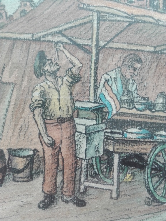 Stadsgezicht; man bij viskraam, aquarel uit 1956 gesigneerd  kopen? Bied vanaf 1!