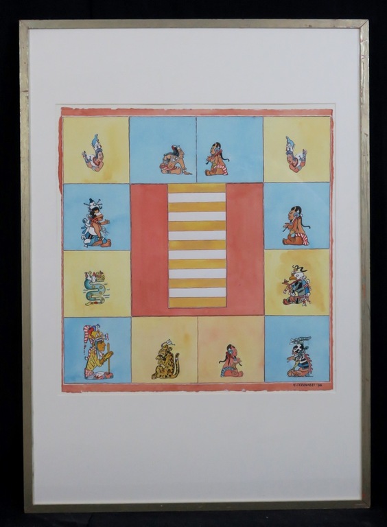Hans Geernaert: Aquarel, Maya codex CII - Ingelijst (Groot) kopen? Bied vanaf 1!