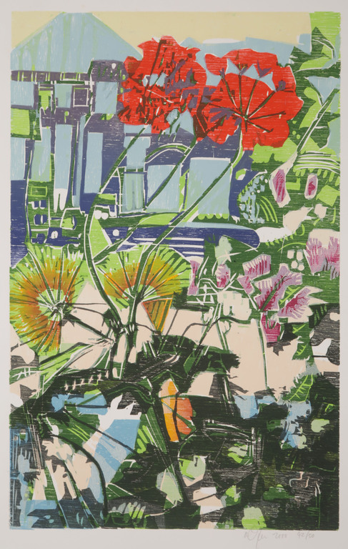 Vincent van Ojen: Houtsnede, Stilleven met bloemen verkocht voor € 85!