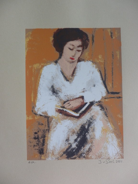 JOSE van GOOL   Zeefdruk LEZENDE DAME  Handgesigneerd verkocht voor € 35!