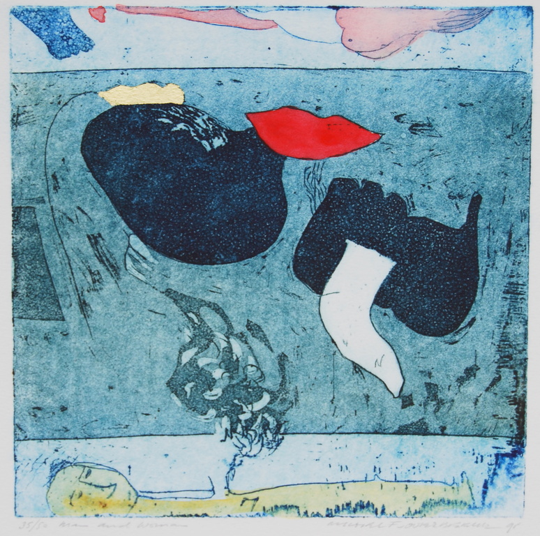 Michel van Overbeeke "man and woman" ets 35/50 ingeschilderd en met bladgoud ingelegd kopen? Bied vanaf 60!