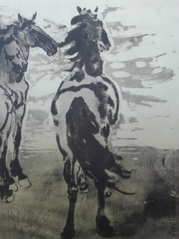 Gesigneerd onbekende kunstenaar, ets op zijde, Wilde paarden, impressionisme kopen? Bied vanaf 1!