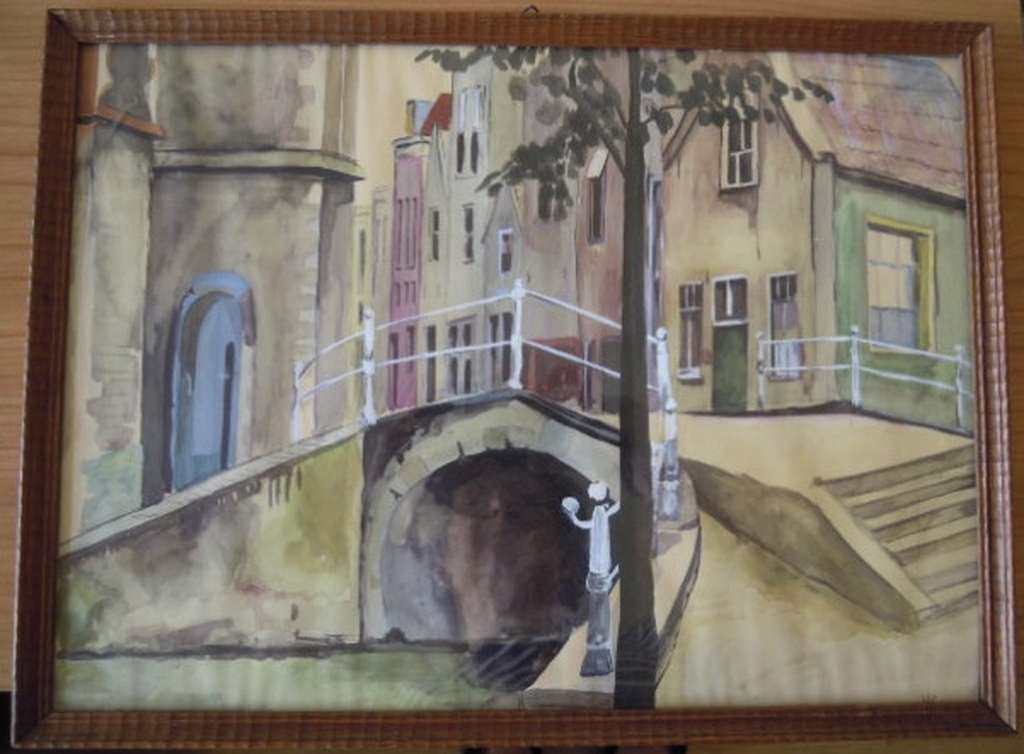 Oude aquarel 1920- Delft - Kerkstraat met links de Nieuwe Kerk - Gesigneerd W. kopen? Bied vanaf 25!
