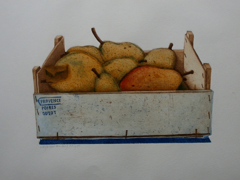 Arja van den Berg - reliefets: kratje peren - 1983 verkocht voor € 60!