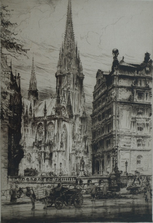 Paul Geissler : ets, Nikolaikirche Hamburg – gesigneerd & ingelijst – ca 1930 verkocht voor € 40!