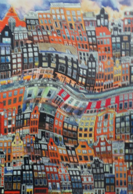 Elena Polyakova:  vrolijk Amsterdam, Gemengde techniek x 2werken kopen? Bied vanaf 125!