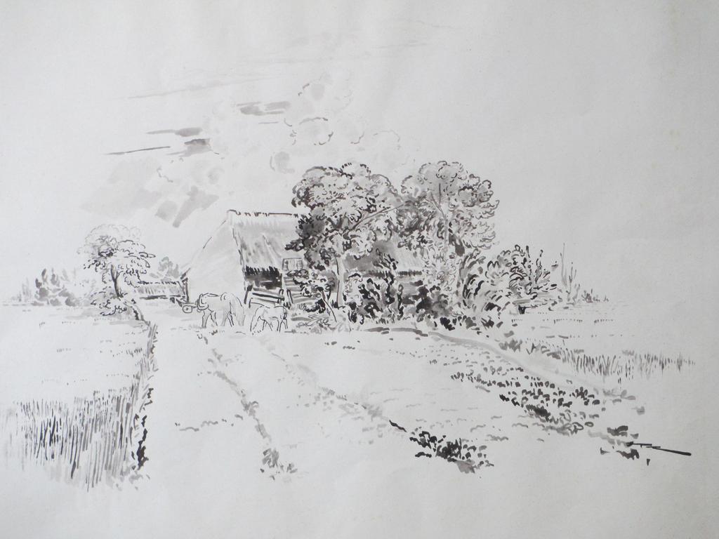 Johan ten Klooster, Landschap met hoeve en paarden, Inkt en aquarel verkocht voor € 50!