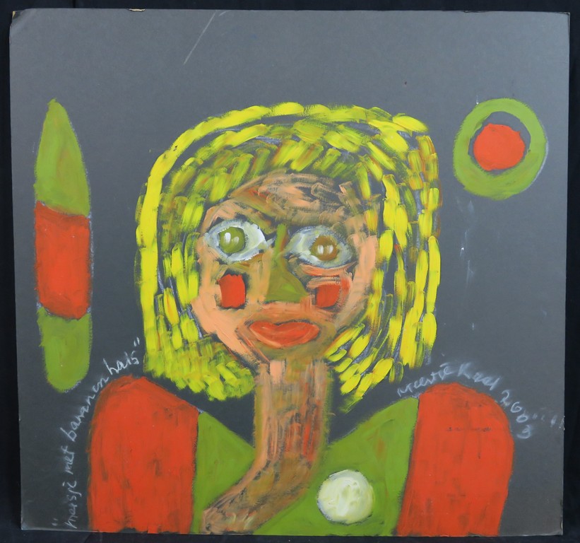 Meertje Kaal: Olieverf en Acryl op karton, Meisje met bananenhals kopen? Bied vanaf 1!